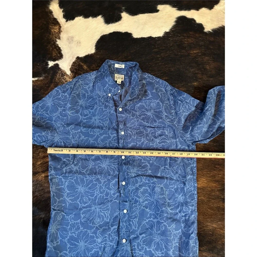 J. Crew Linen Button Up Long Sleeve Shirt, Blue Tropical Floral Men's M Slim Fit